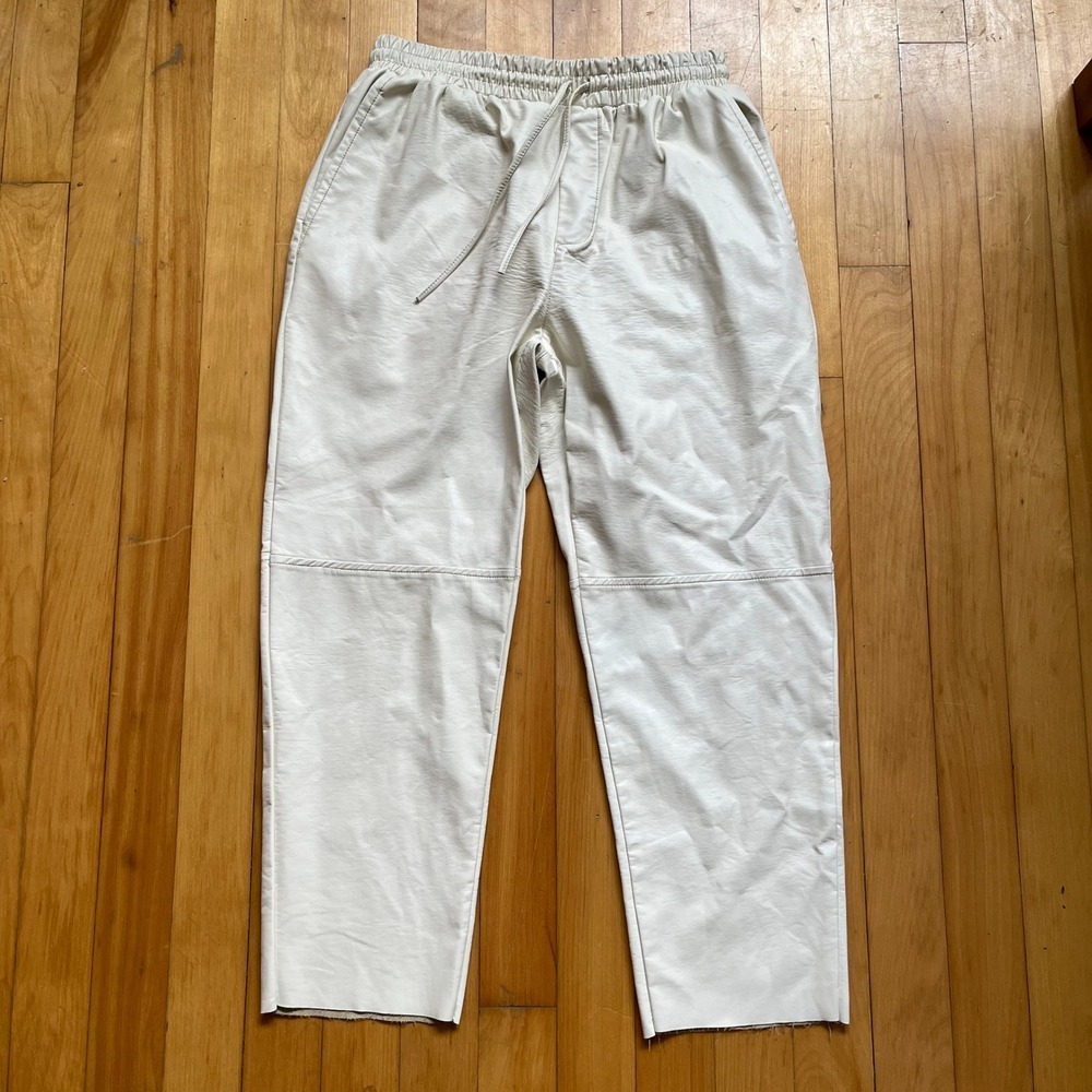 DELUC Cream Faux Leather Elastic Waist Drawstring Cropped Pants M